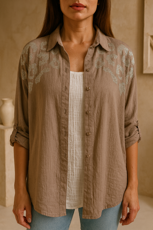 Premium Stitch Diamanté Leopard Celeste Button Sleeve Shirt - Mocha