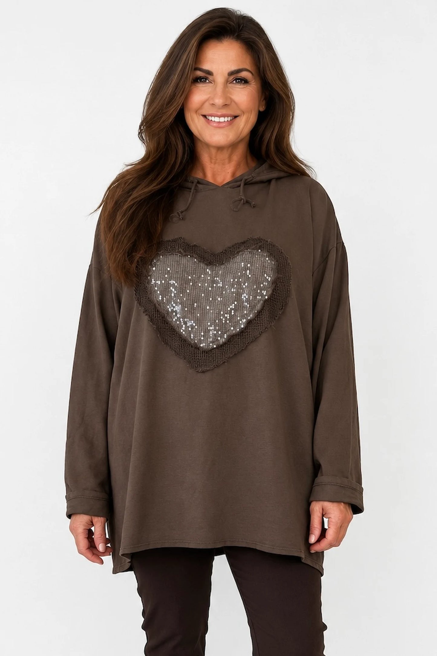 Cotton Sequin Heart Veronica Hoodie - Chocolate