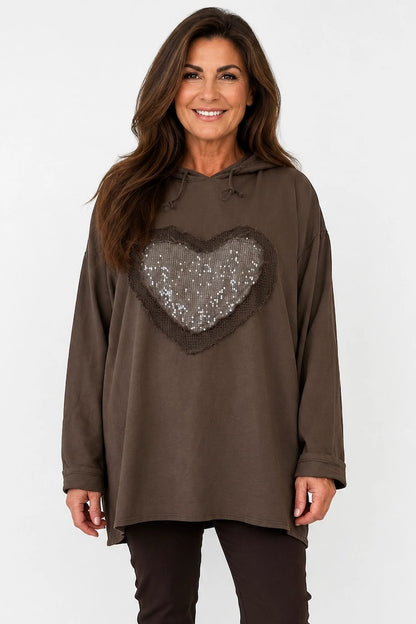Cotton Sequin Heart Veronica Hoodie - Chocolate