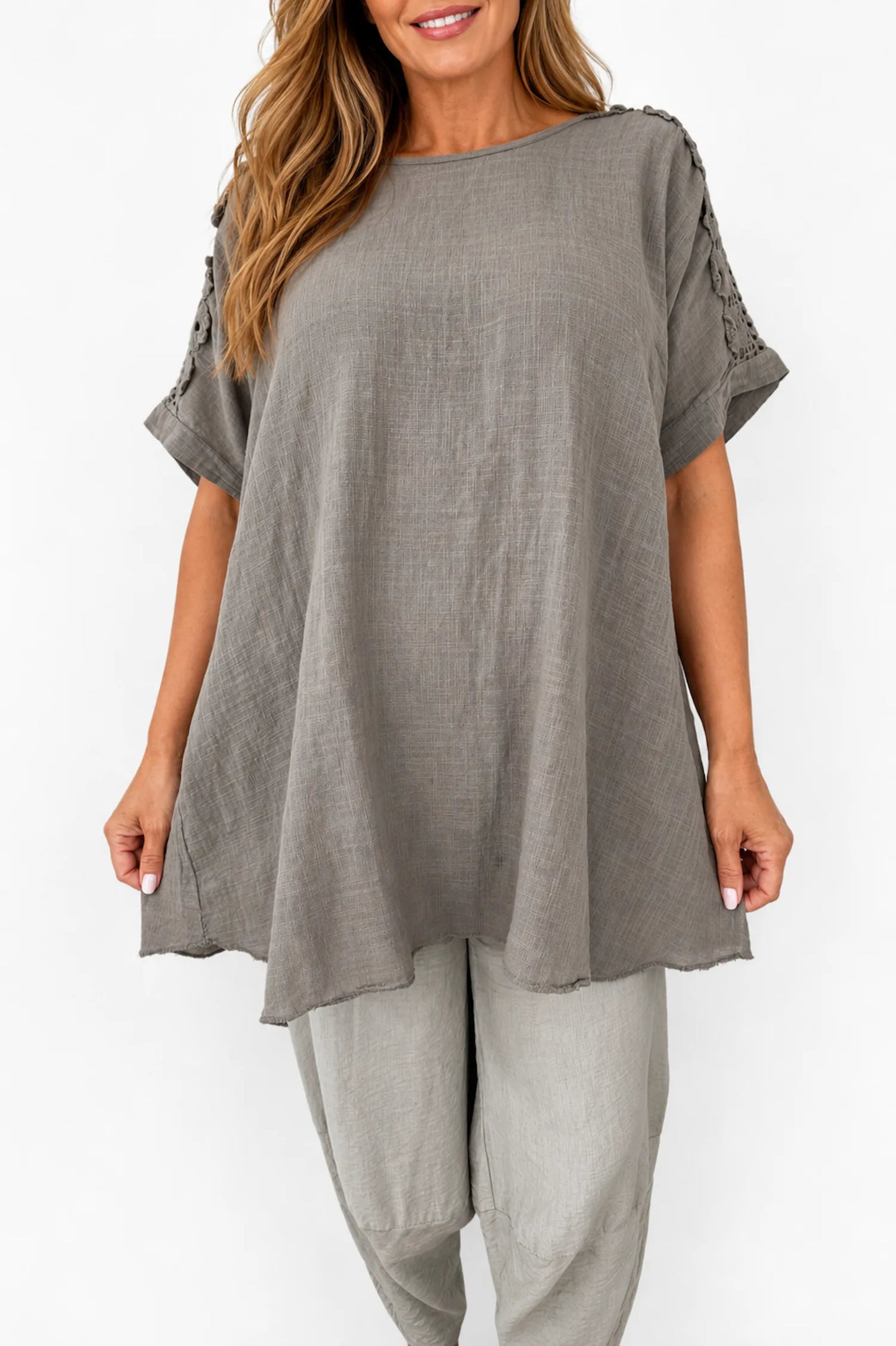 Pure Cotton Embroidered Crochet Sleeve Amira Top - Mocha