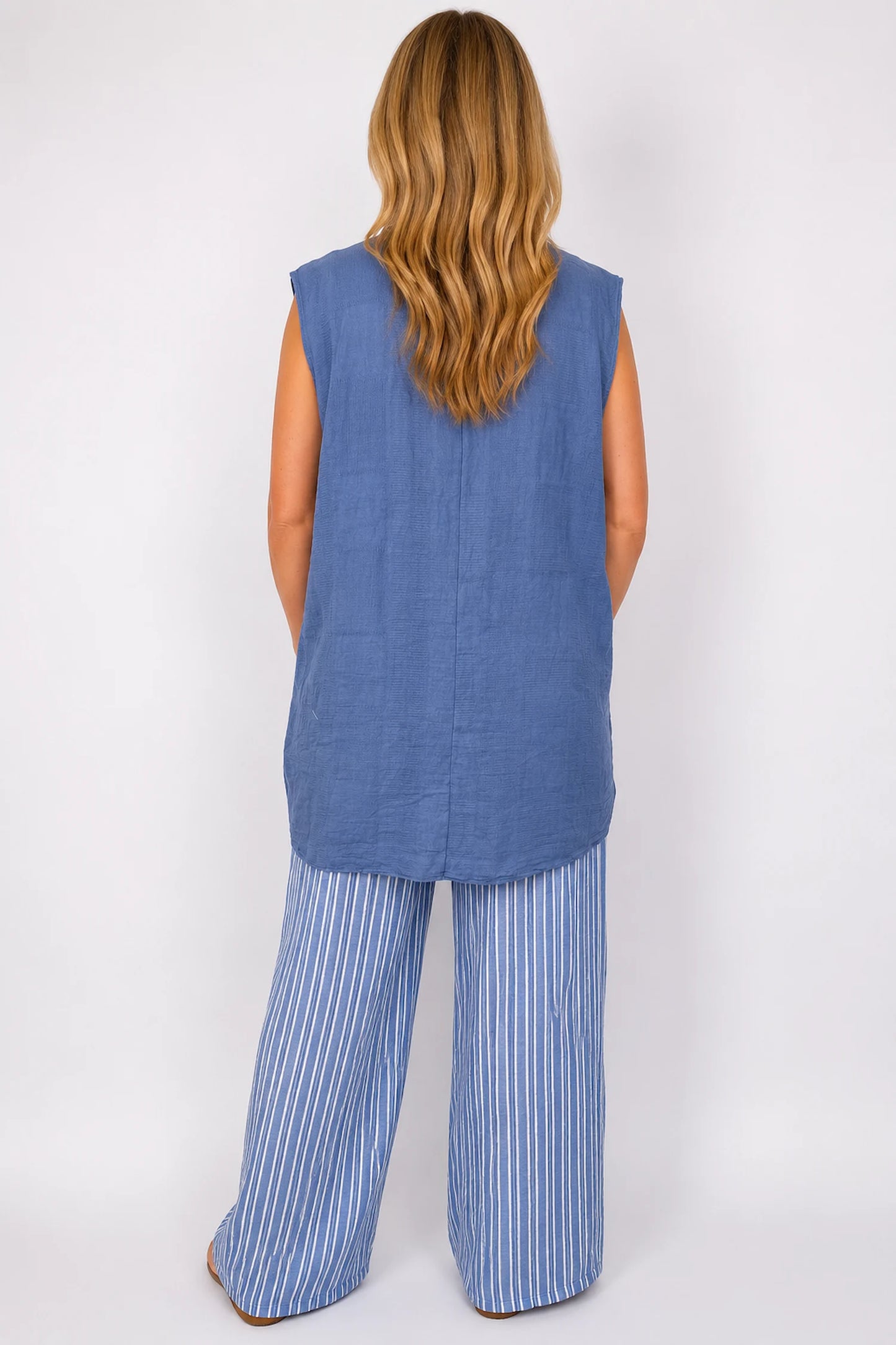Pure Cotton Mesh Detail Rosetta Pocket Cap Sleeve Top - Denim