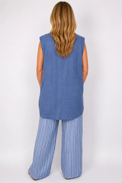 Pure Cotton Mesh Detail Rosetta Pocket Cap Sleeve Top - Denim