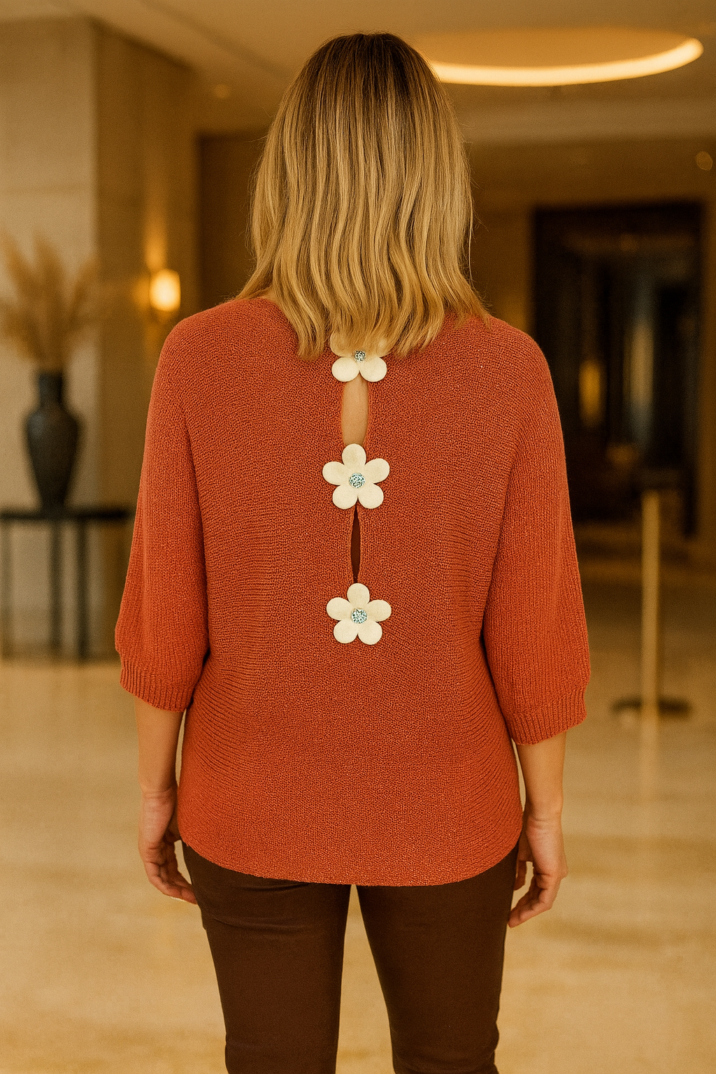 Flower Back Detail Sparkle Knit Batwing Rosewood Top - Salmon