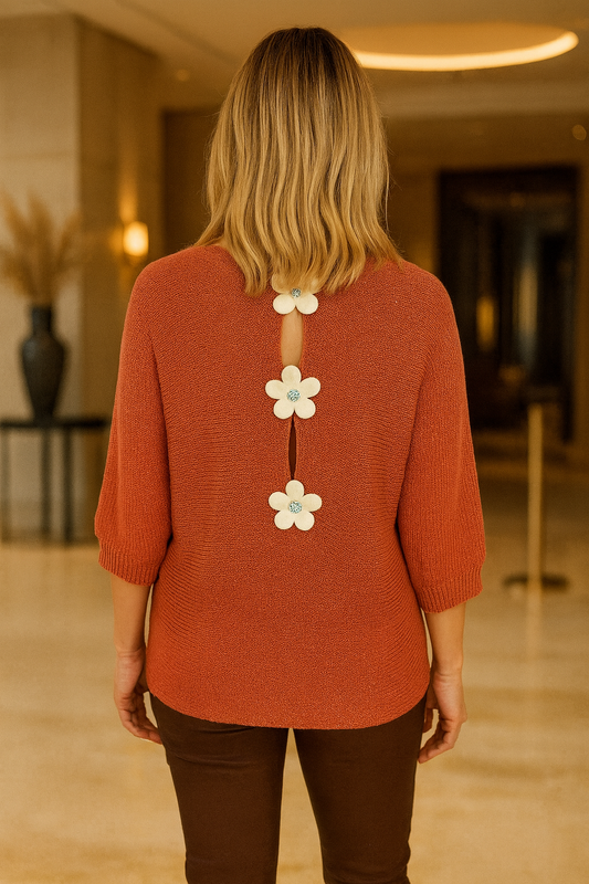 Flower Back Detail Sparkle Knit Batwing Rosewood Top - Salmon