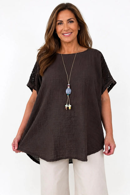 Pure Cotton Crochet Detail Francesca Necklace Top - Chocolate
