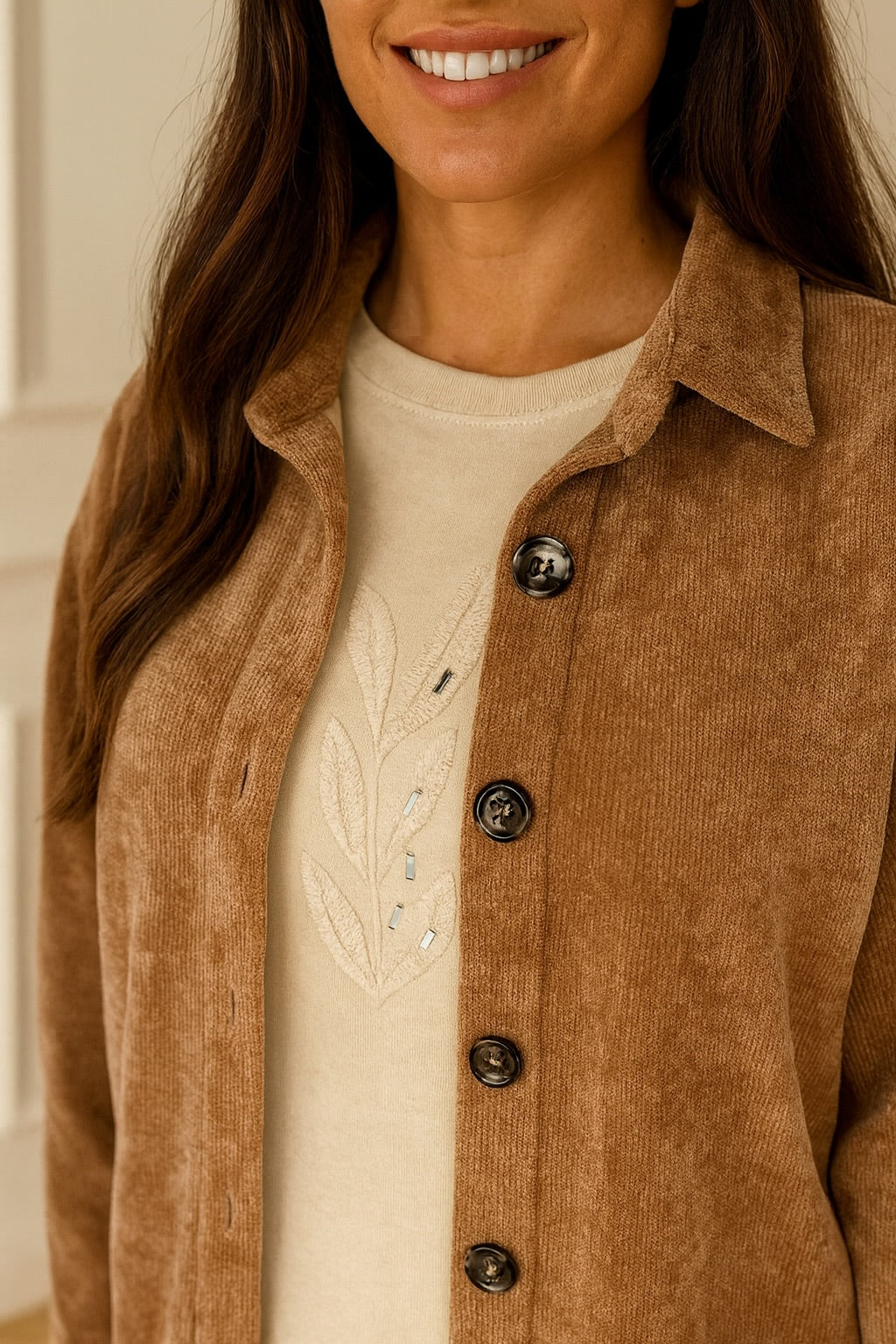 Chenille Arrivia Button Shacket - Chestnut