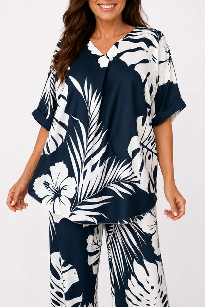 Tropical Print Lightweight Flow Carrisa Top - Navy