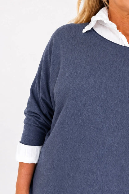 Cotton Fine Knit Two In One Mira Top - Navy