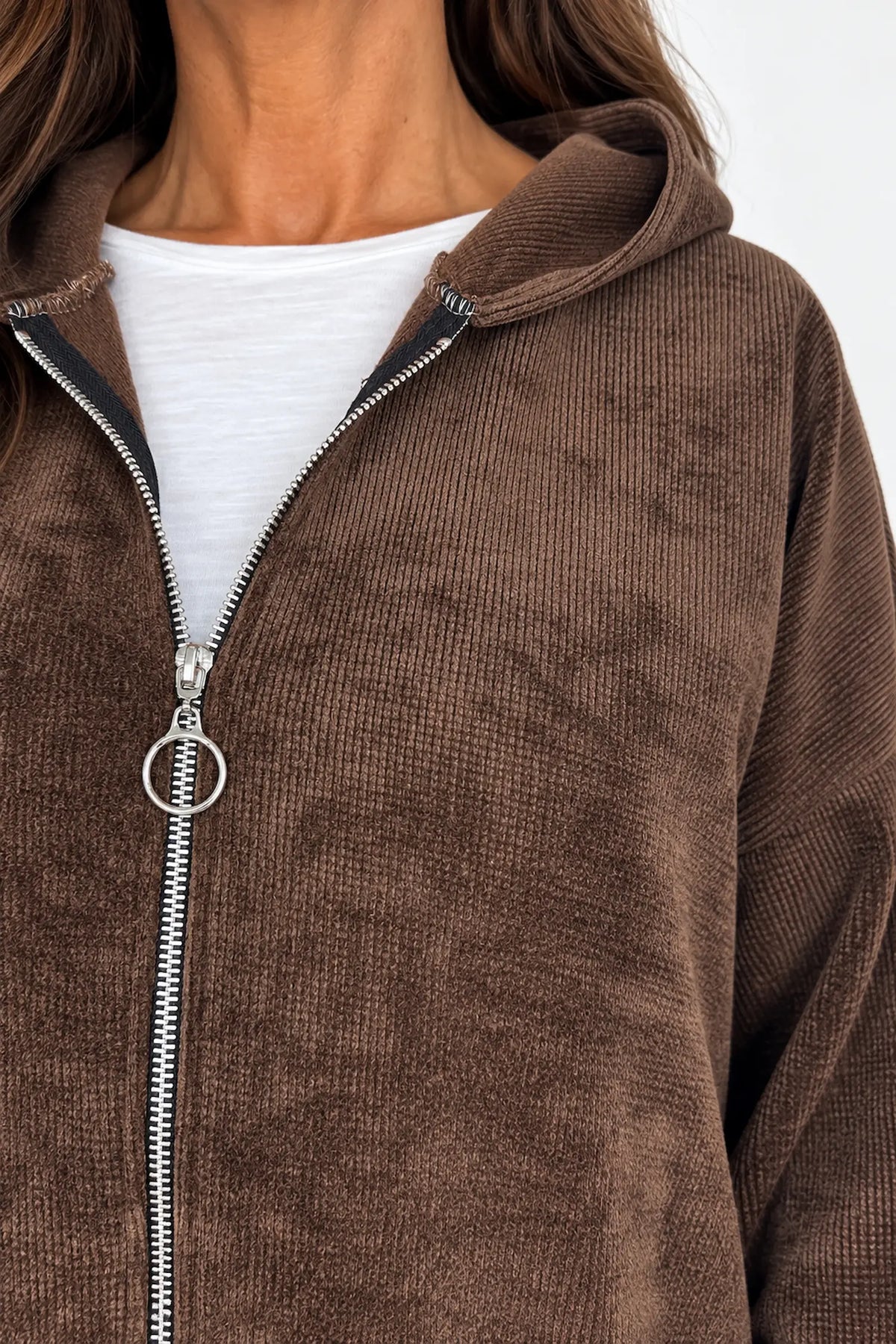 Double Pocket Chenille Zipped Cassie Hoodie - Chocolate