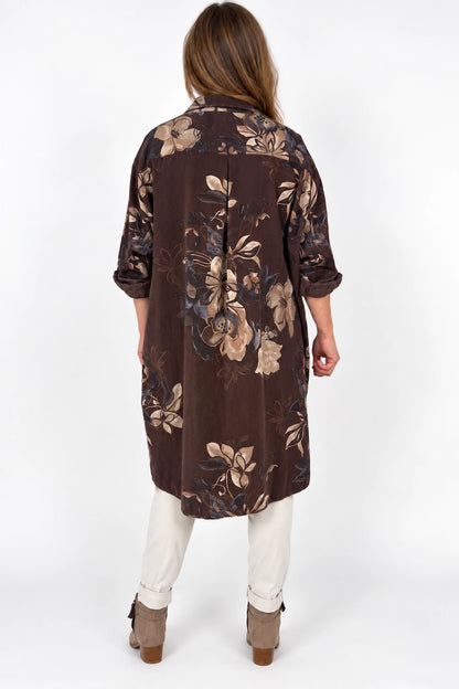 Pure Cotton Needlecord Button Sleeve Dorsia Button Shirt - Chocolate