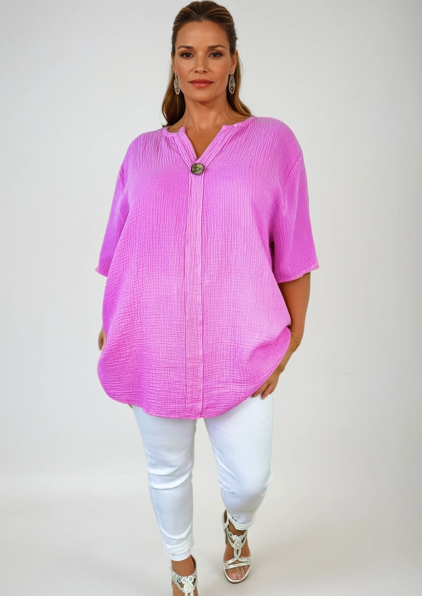 Pure Bubble Cotton One Button Siera Top - Lipstick Pink