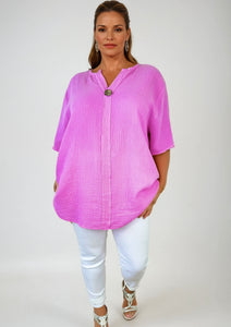 Pure Bubble Cotton One Button Siera Top - Lipstick Pink