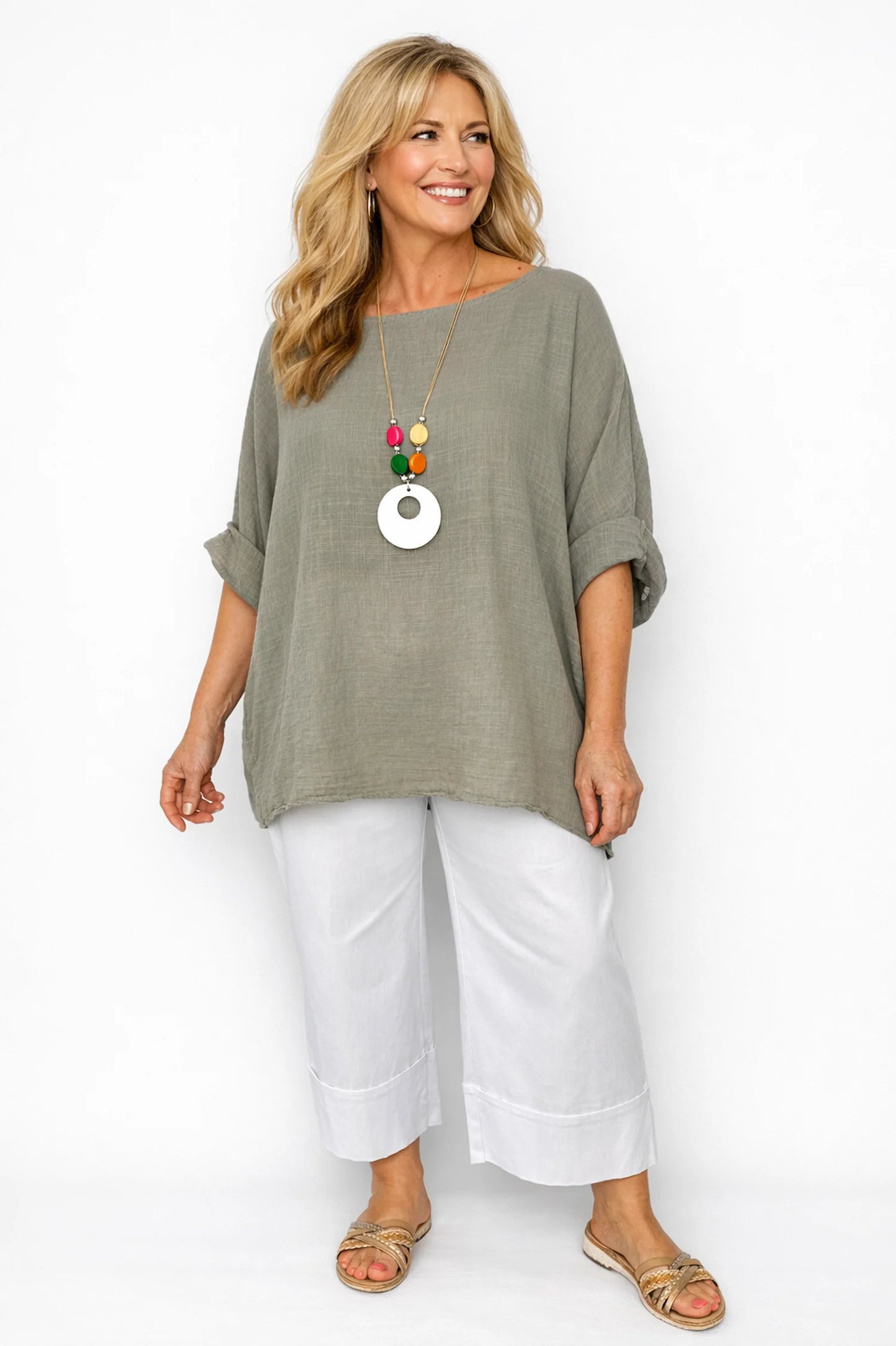 Pure Cotton Linen Look Italia Necklace Top - Mocha