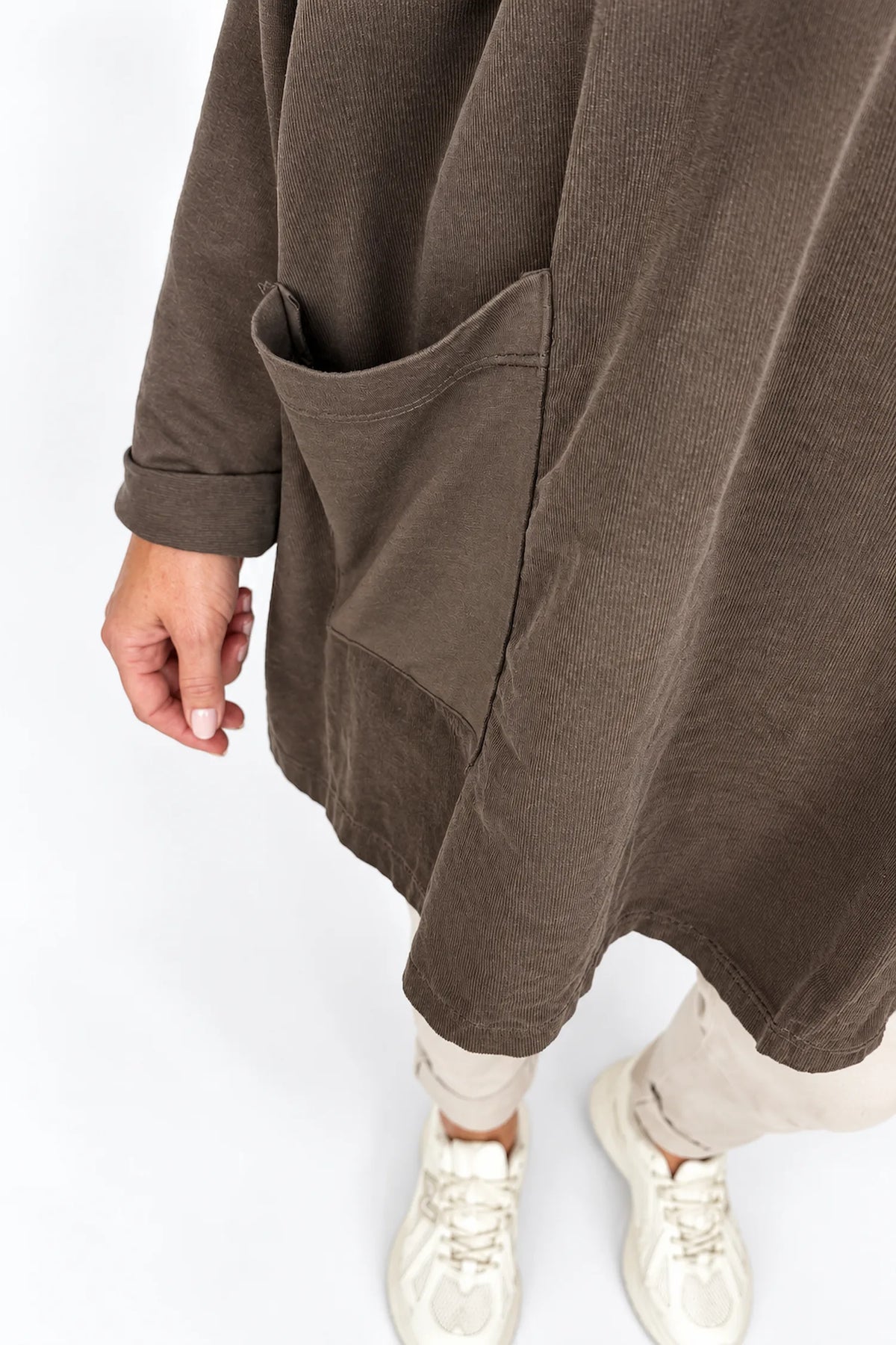 Cotton Fine Needlecord Patch Button Detail Fern Pocket Top - Chocolate