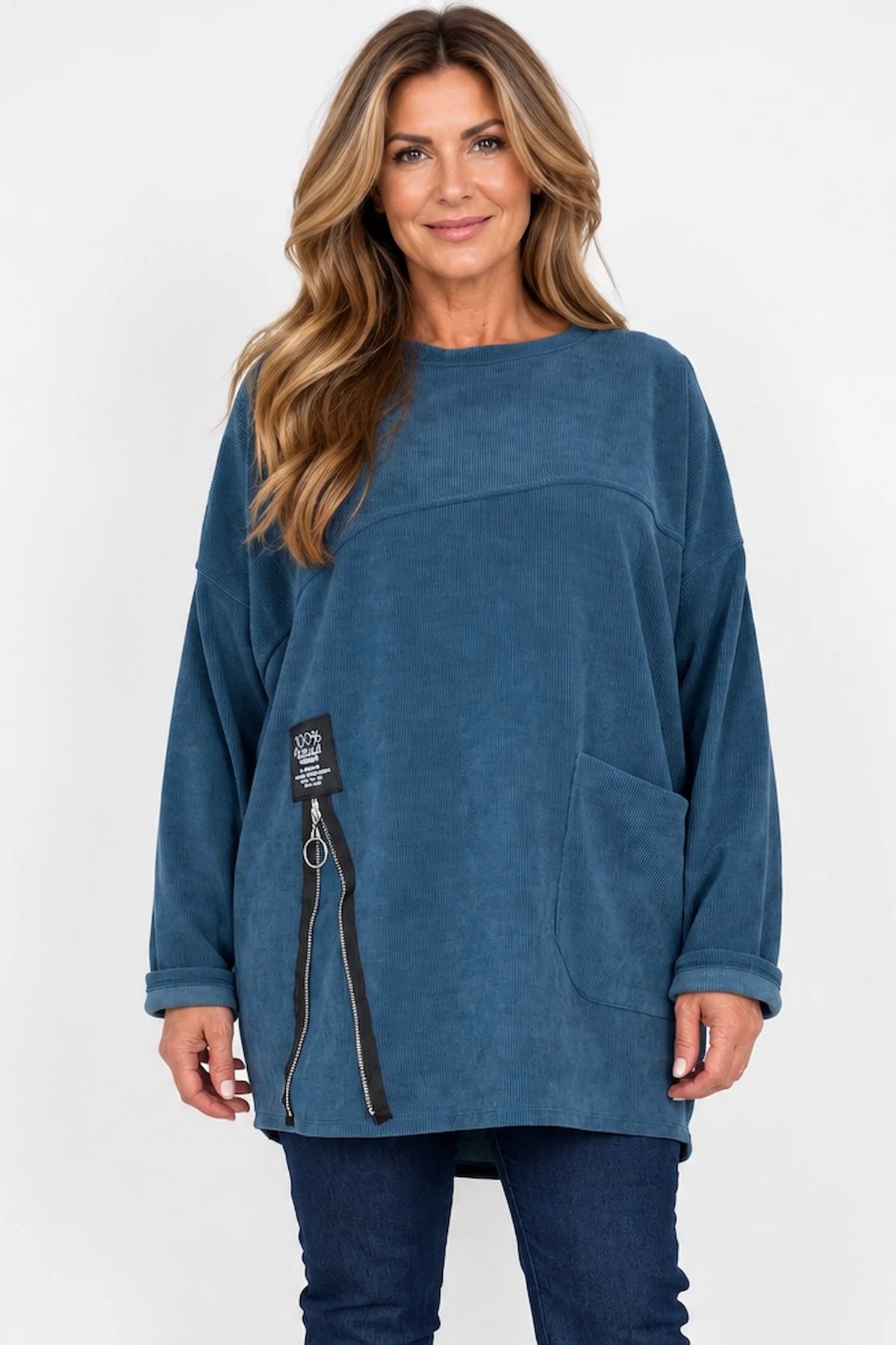 Zipped Hem Badge Detail Ciello Pocket Top - Denim