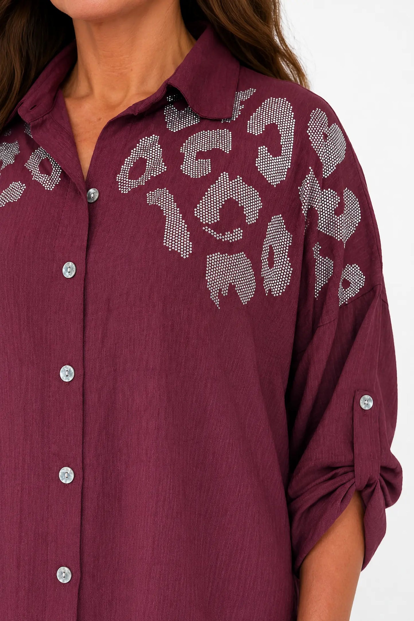 Premium Stitch Diamanté Button Sleeve Michaela Shirt - Italia Wine