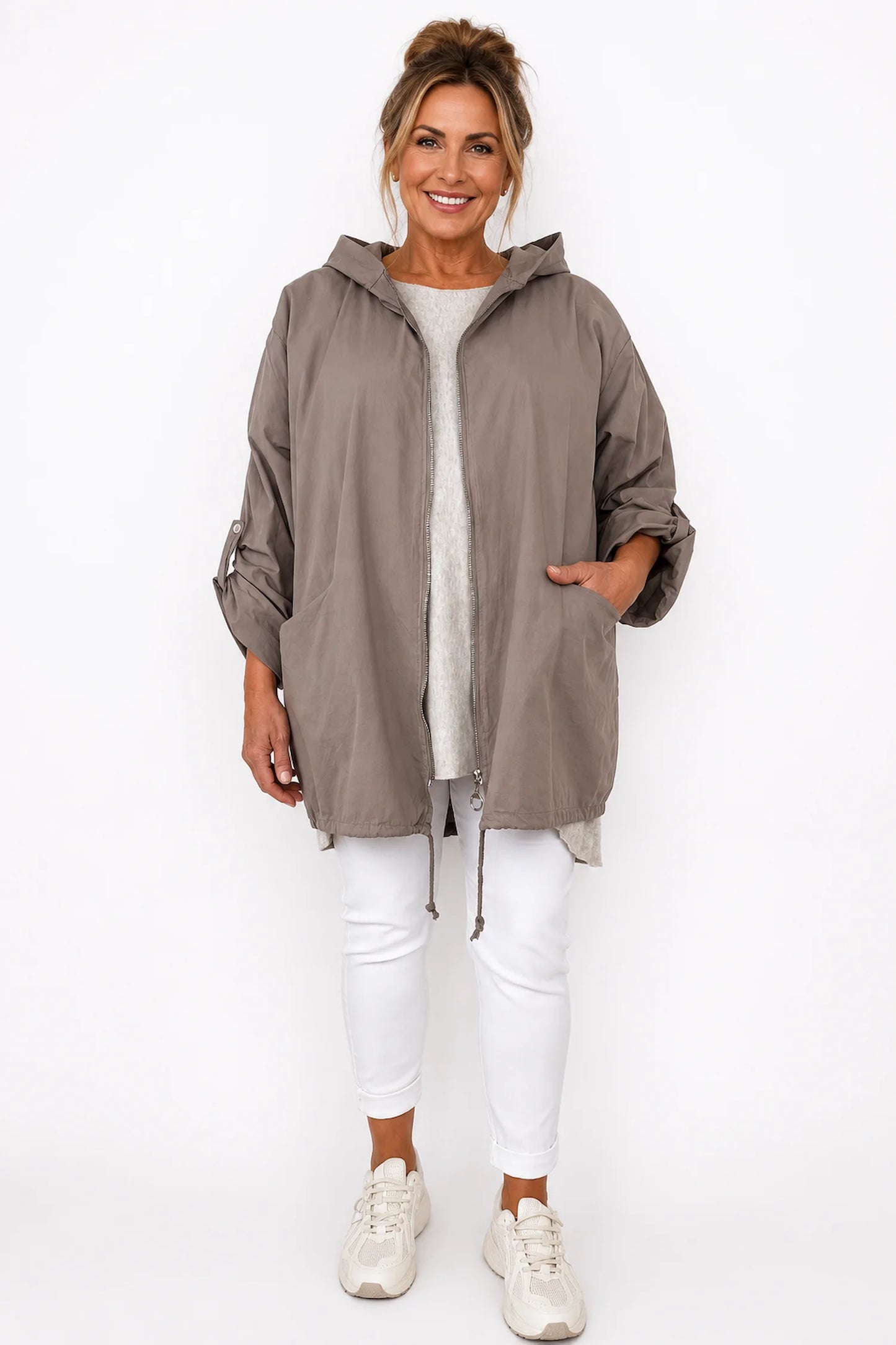 Button Sleeve Double Pocket Drawstring Hem Zipped Emila Hooded Jacket - Mocha