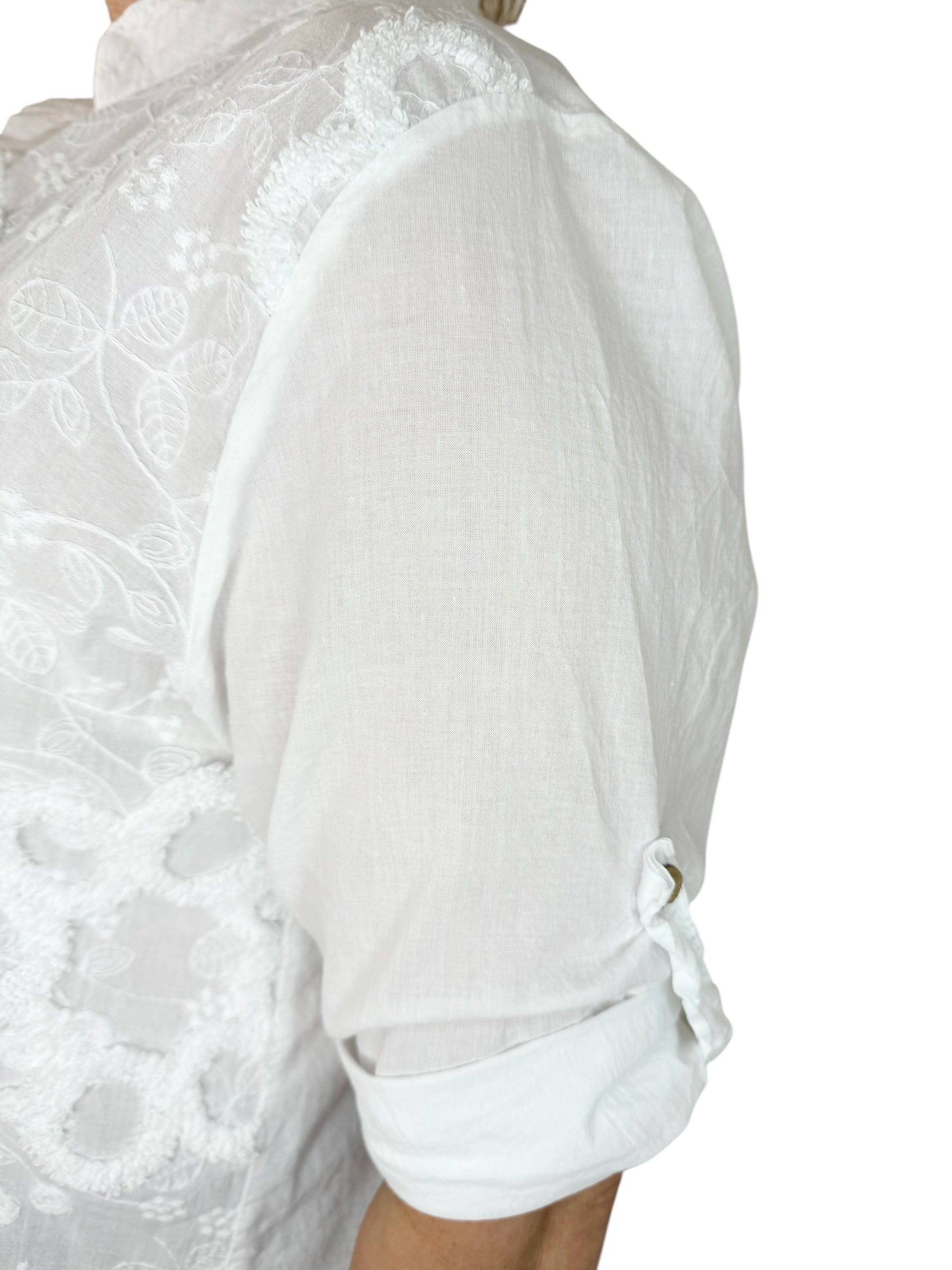 Pure Cotton Embroidery Anglaise Riviala Button Sleeve Shirt - White