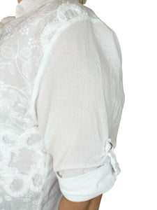 Pure Cotton Embroidery Anglaise Riviala Button Sleeve Shirt - White