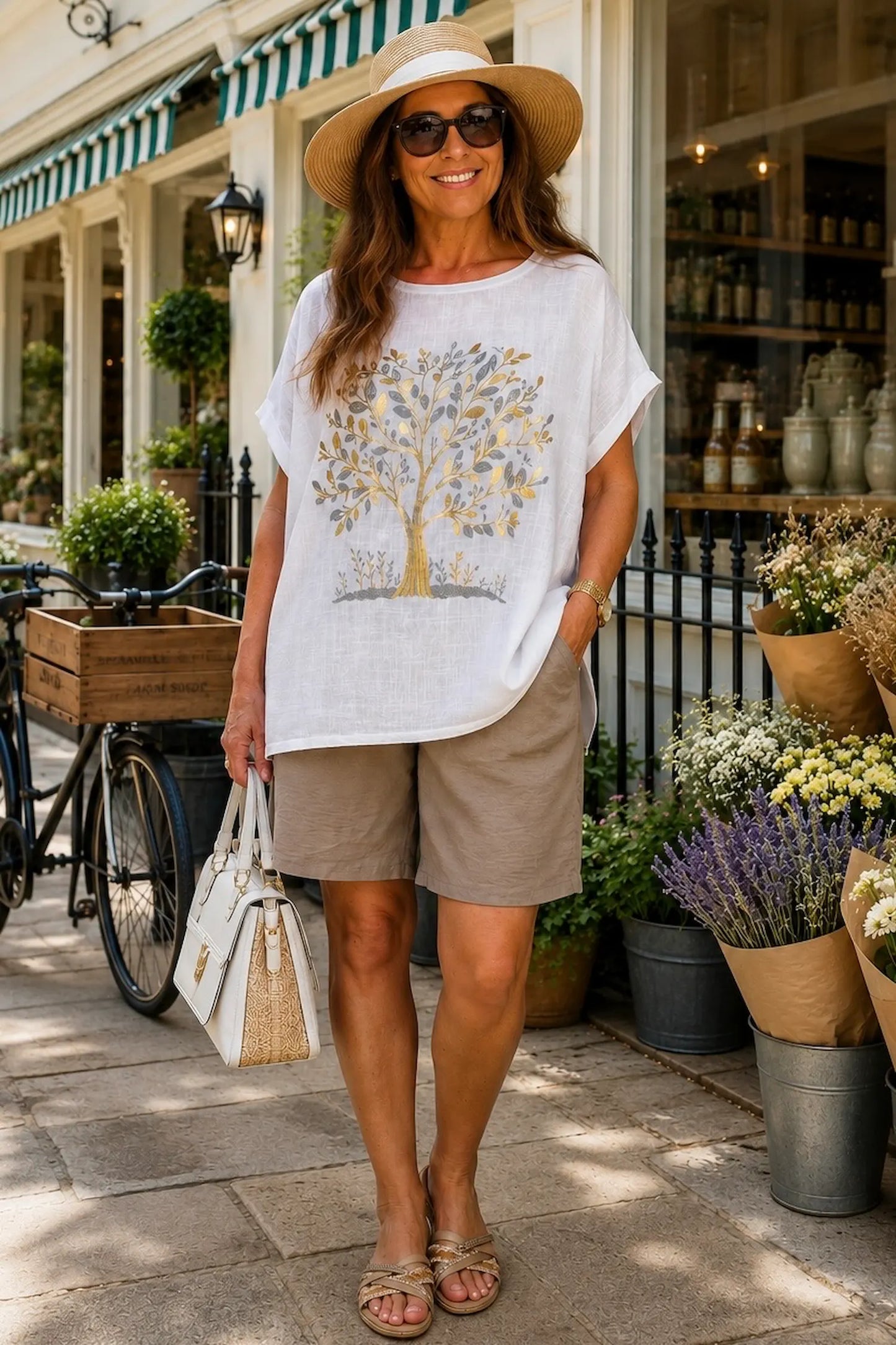 Linen Cotton Mix Diamanté Golden Leaf Carletta Top - White