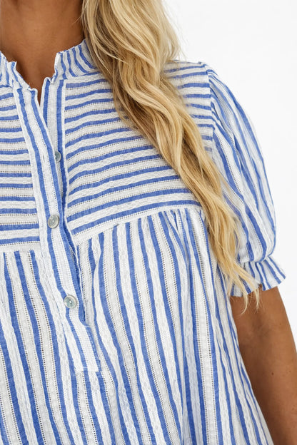 Pure Cotton Stripe Elasticated Cuff Riviera Button Shirt - Denim