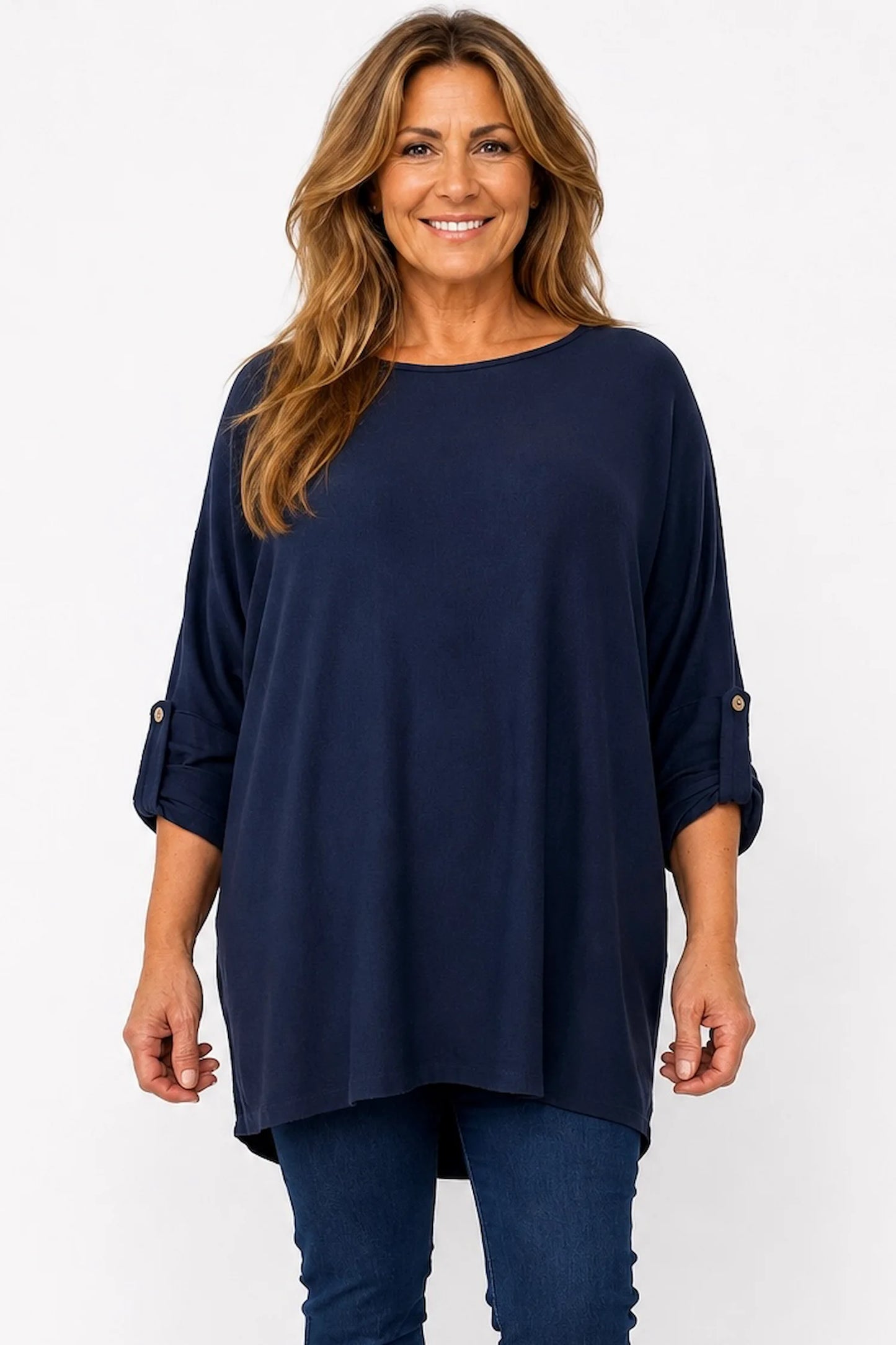 Fine Knit Button Sleeve Batwing Angelica Top - Navy