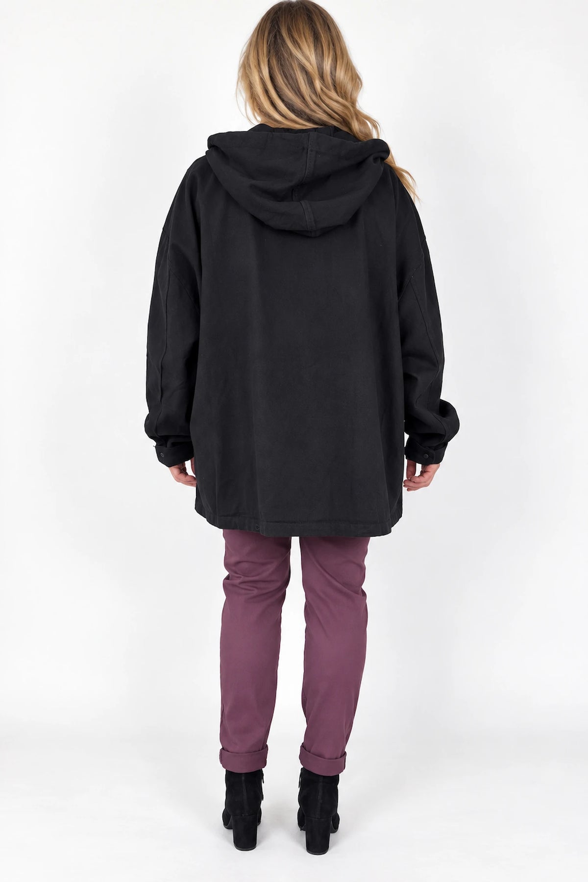 Pure Cotton Double Pocket Button Hooded Tiana Jacket - Black