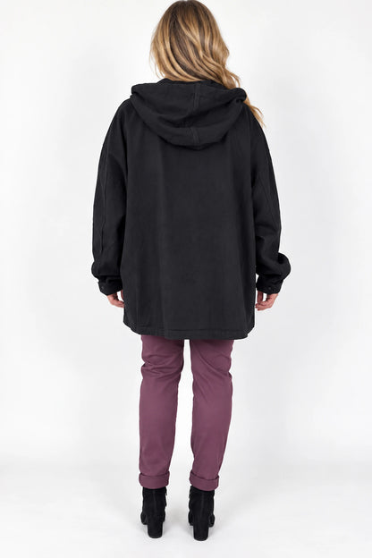 Pure Cotton Double Pocket Button Hooded Tiana Jacket - Black