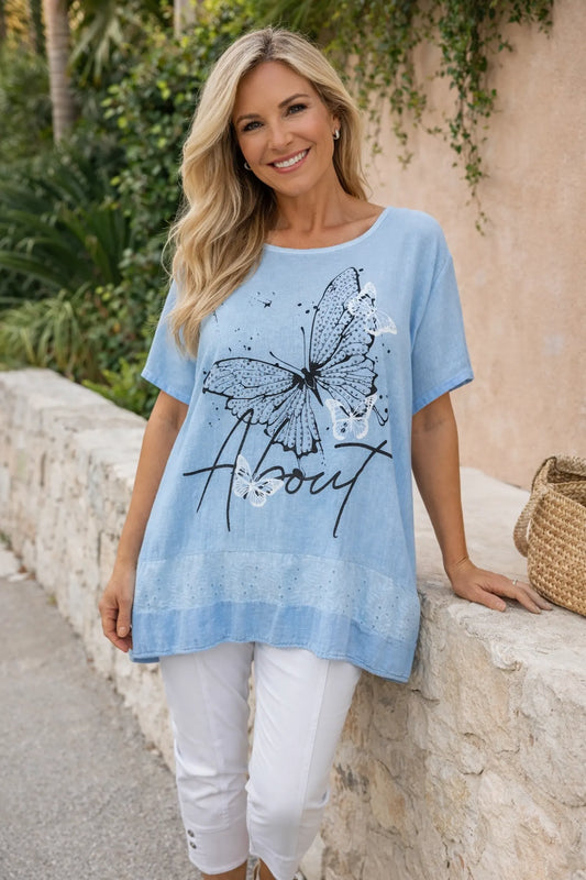 Linen Mix Diamanté Detail Embroidery Anglaise Tied Back Hem Liliana Butterfly Top - Cloud Brushed Blue