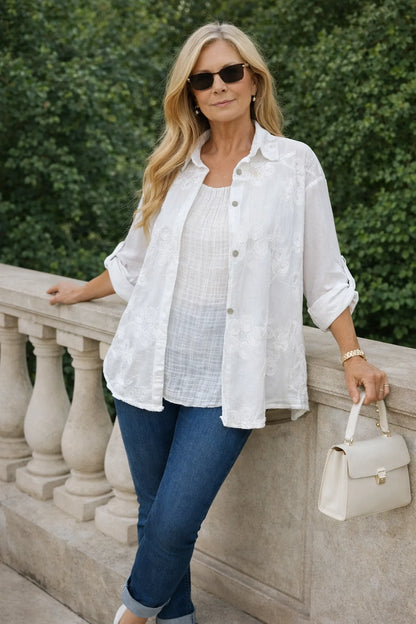 Pure Cotton Embroidered Flower Button Sleeve Valentina Button Shirt - White