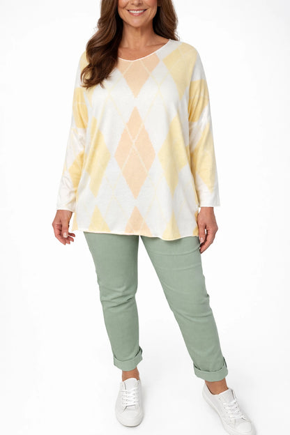 Wool Mix Spring Knit Argyle Florence Top - Light Peach/Yellow