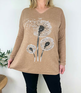 Wool Mix Diamanté Dandelion Ribbed Knit Top AW24