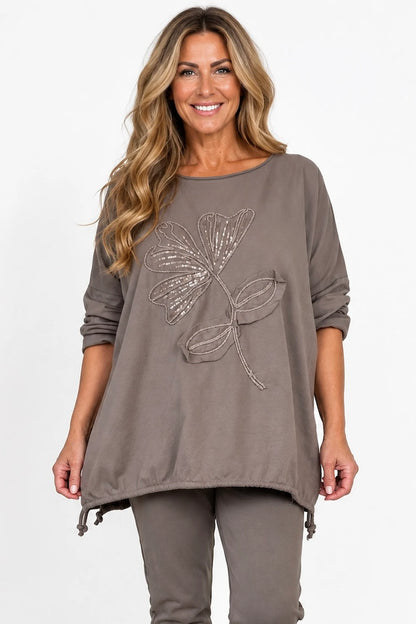 Cotton Embroidered Gold Sequin Floral Manica Tied Hem Top - Mocha