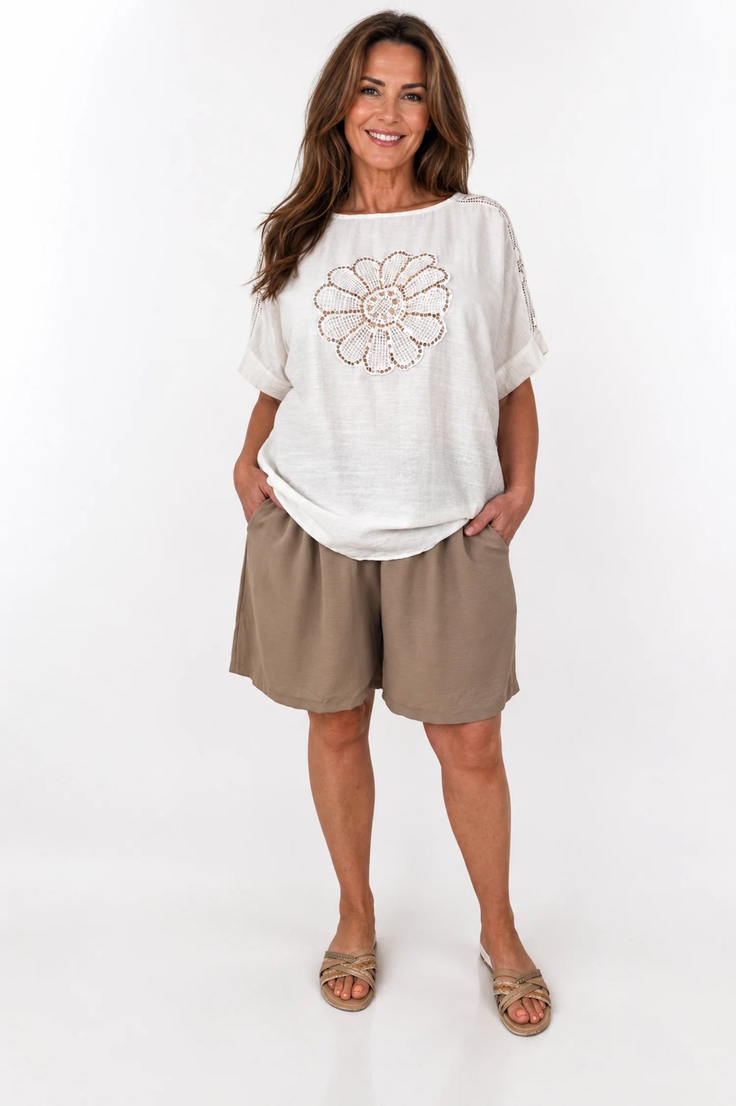 Double Pocket Elasticated Waist Lightweight Flow Mari Shorts - Mocha