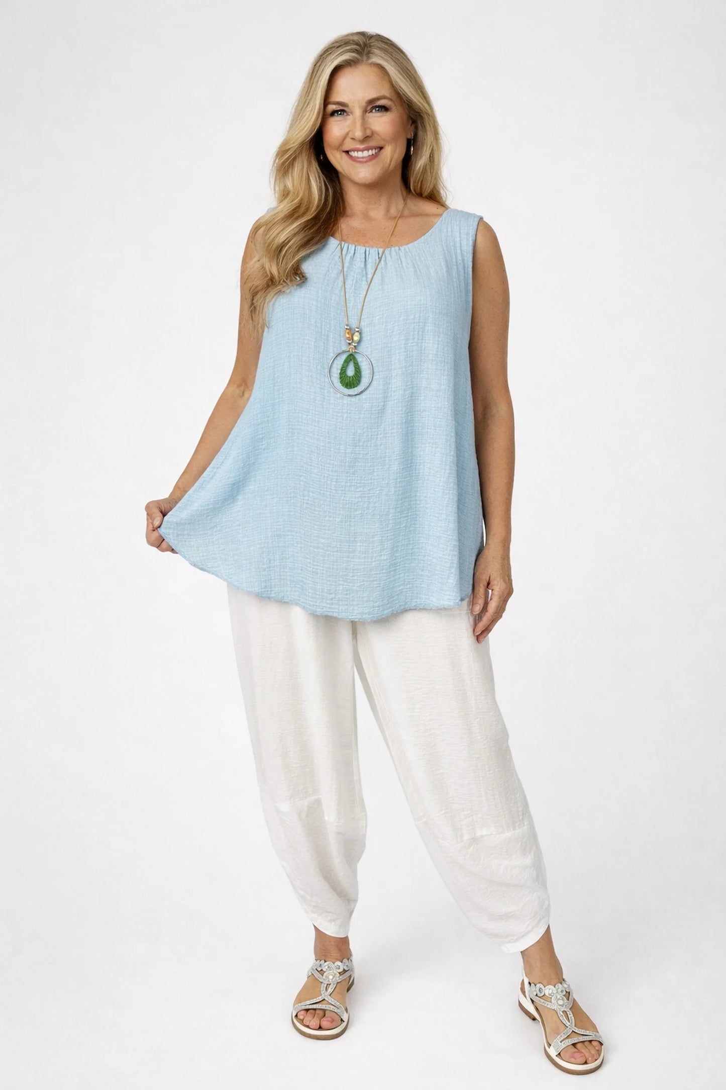 Fully Lined Cotton Italia Necklace Vest - Light Denim