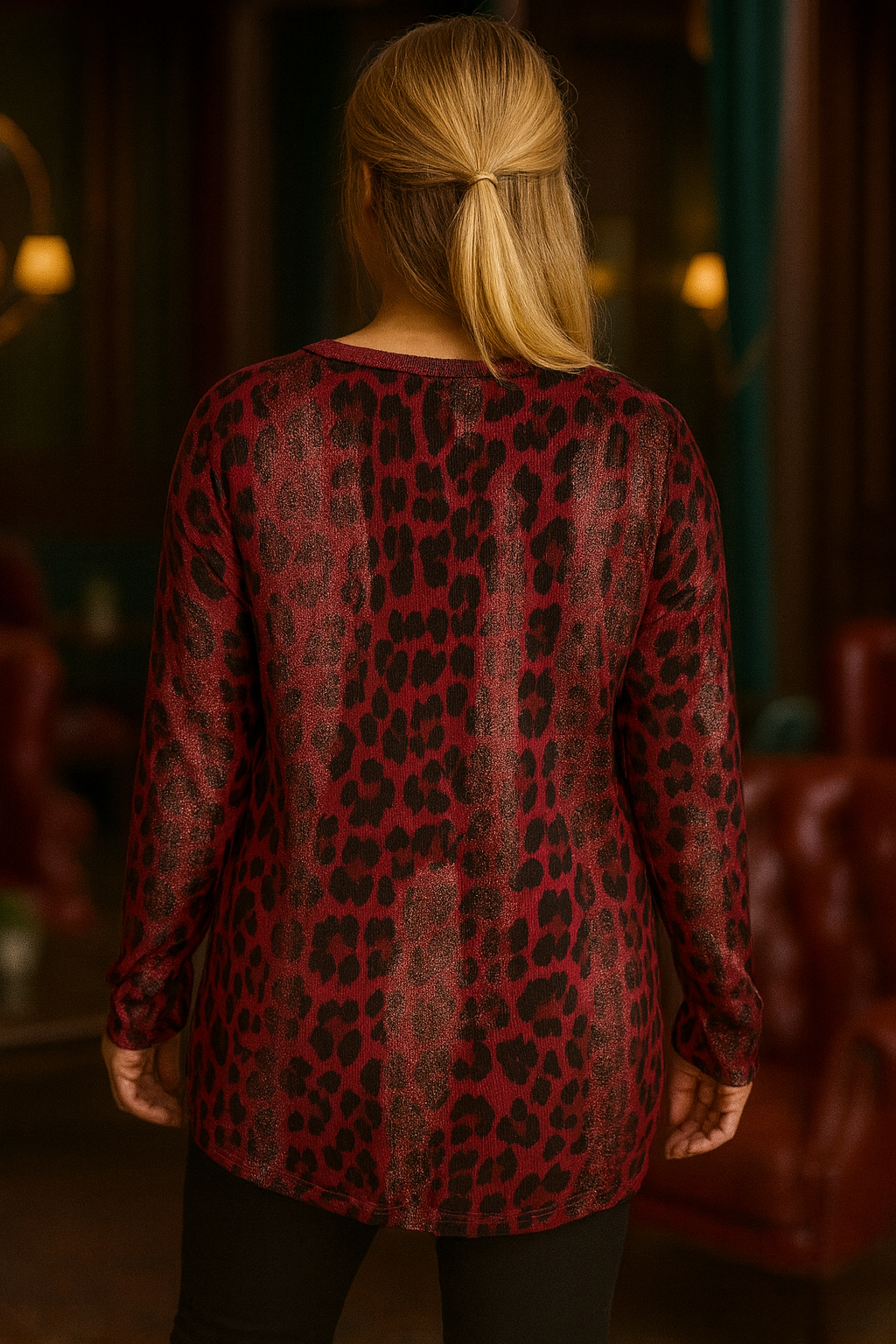 Shimmer Dash Sparkle Neck and Hem Leopard Erika Necklace Top - Frosted Cherry