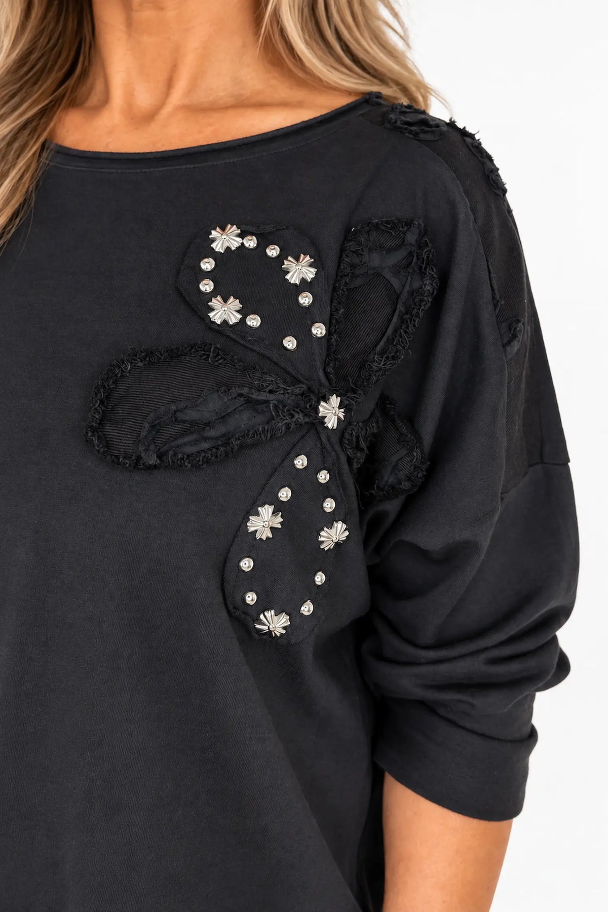 Cotton Emalise Frayed Edge Floral Top - Black