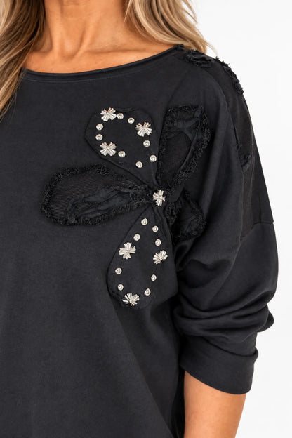Cotton Emalise Frayed Edge Floral Top - Black