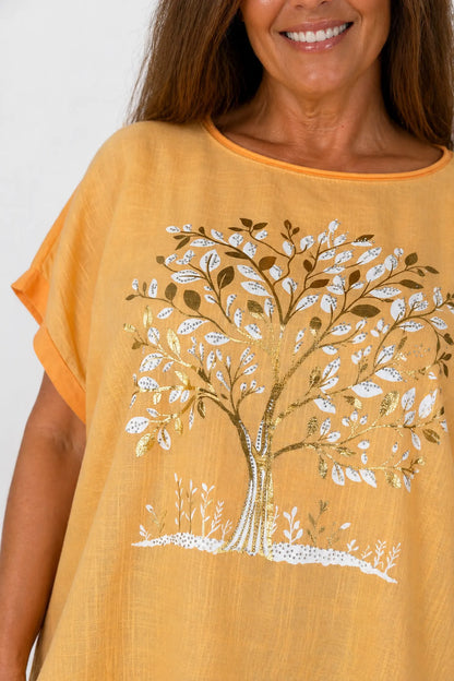 Linen Cotton Mix Diamanté Golden Leaf Carletta Top - Citrus Orange