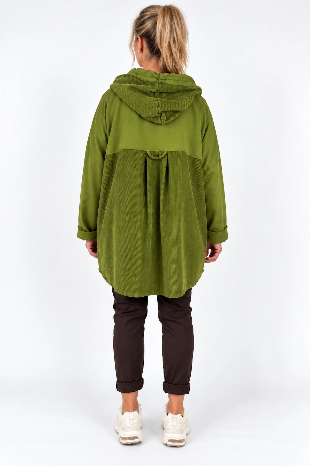 Pure Cotton Cord Patch Pocket Connie Button Hooded Jacket - Lime Green