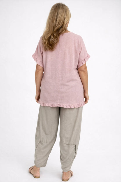 Linen Cotton Mix Frill Sleeve And Hem Iris Necklace Top - Washed Rosewood Pink