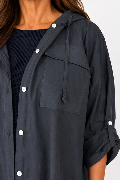 Cotton Double Flap Pocket Button Sleeve Izzy Hooded Overshirt - Black