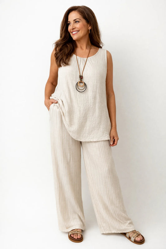 Linen Look Double Pocket Elasticated Waist Stripe Bella Wide Leg Pants - Beige
