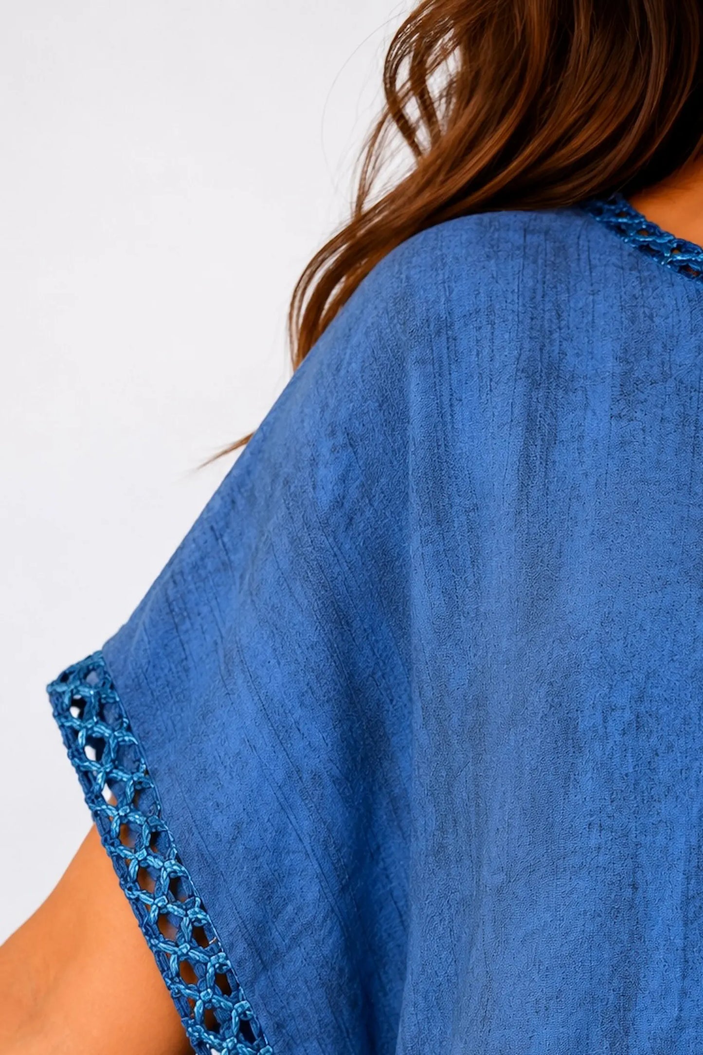 Crochet Lattice Trim Lightly Textured Marsi Top - Washed Denim