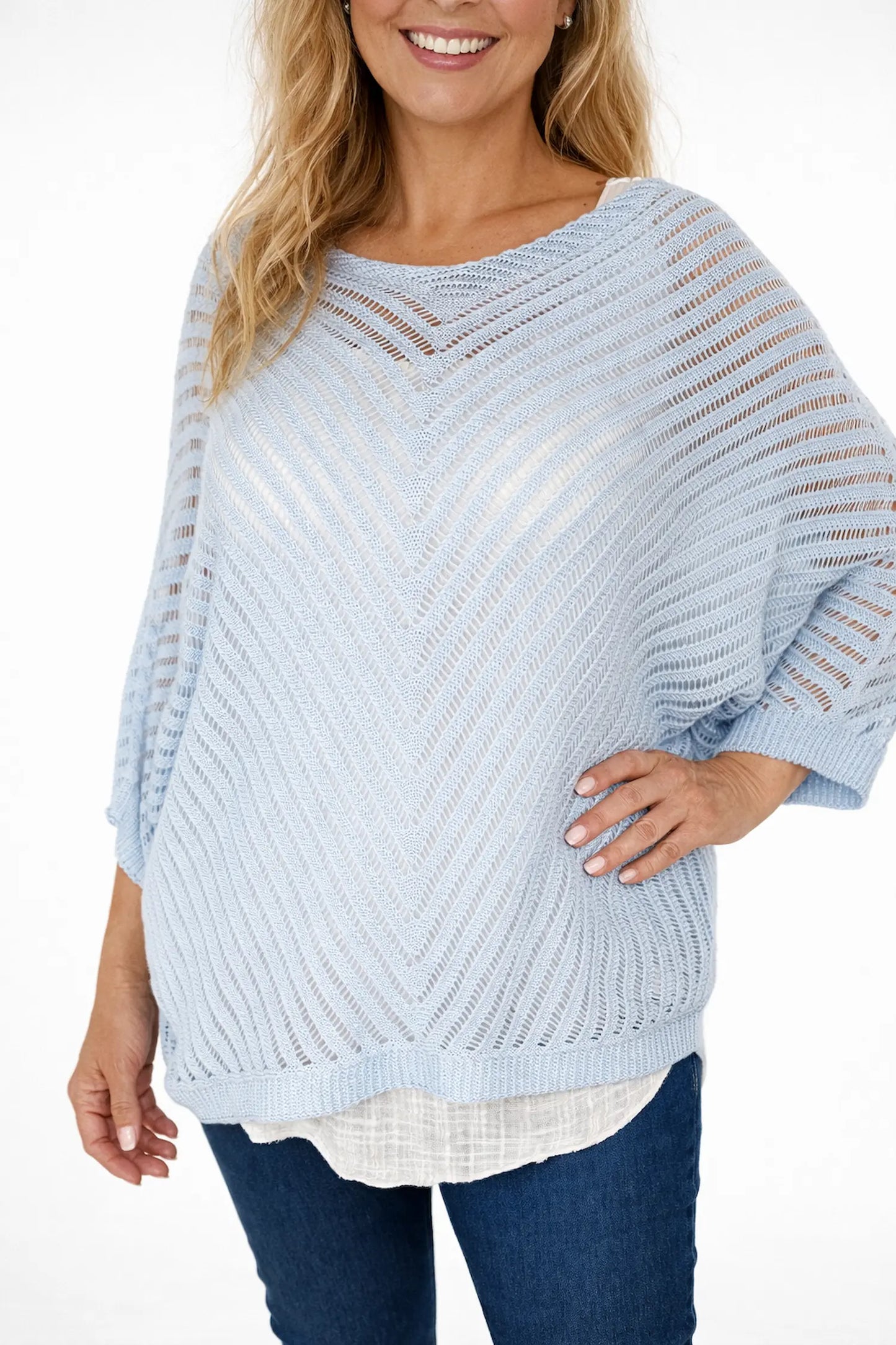 Cotton Batwing Positano Crochet Top - Baby Blue