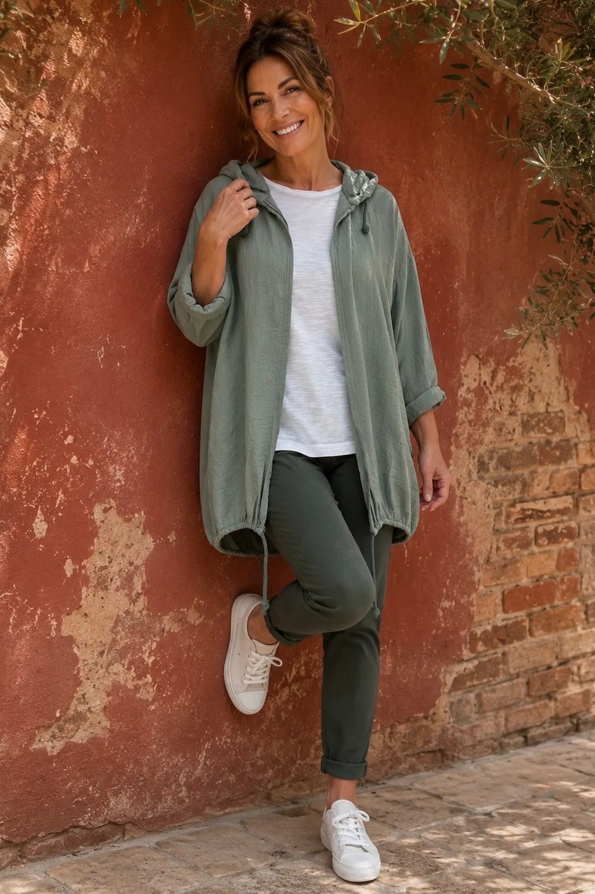 Drawstring Hem Lightweight Hooded Amirella Jacket - Sage
