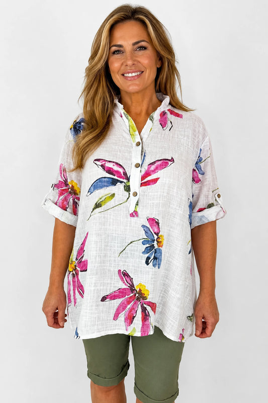 Pure Cotton Button Sleeve Alice Shirt - White