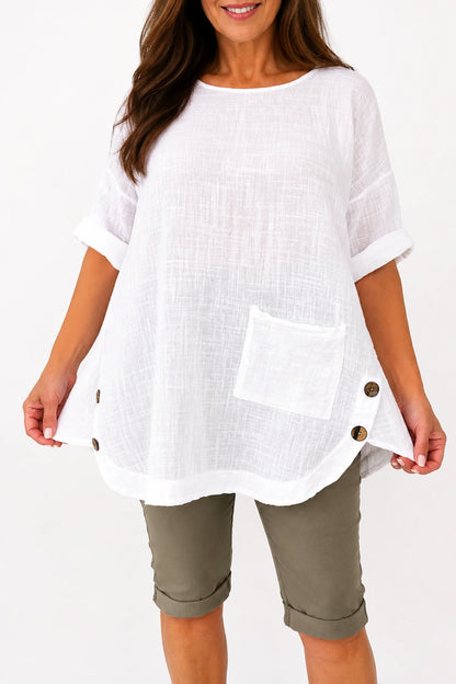 Linen Look Pure Cotton Button Detail Pocket Venice Top - White