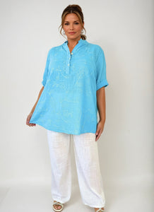 Pure Cotton Embroidery Anglaise Button Sleeve Elara Shirt - Turquoise