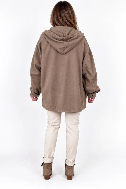 Pure Cotton Double Pocket Button Hooded Tiana Jacket - Mocha
